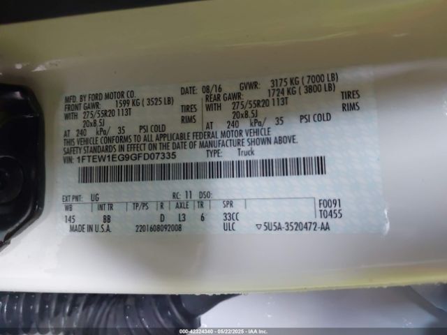 1FTEW1EG9GFD07335 Ford F-150 Platinum