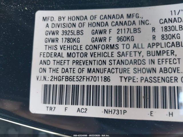 2015 Honda Civic Si მანქანა იყიდება აუქციონზე, vin: 2HGFB6E52FH701186, აუქციონის ნომერი: 42324360