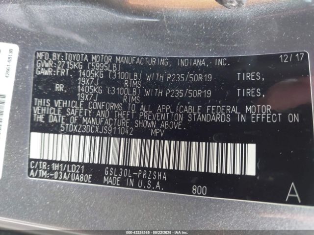 5TDXZ3DCXJS911042 Toyota Sienna Se 8 Passenger/se Premium 8 Passenger