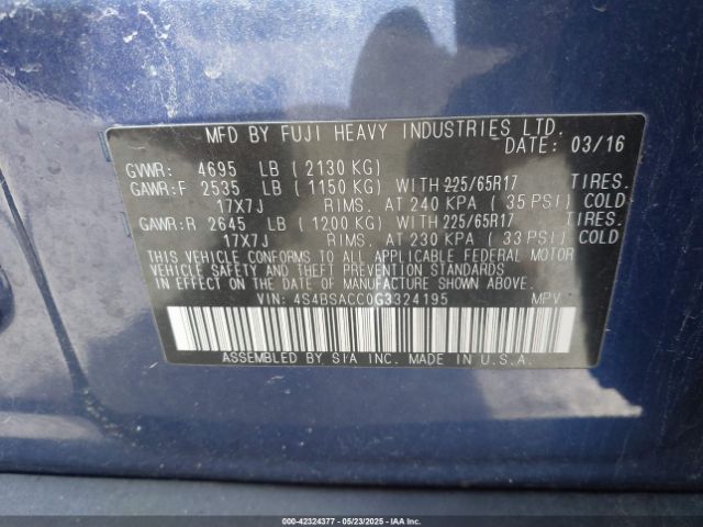 4S4BSACC0G3324195 Subaru Outback 2.5i Premium