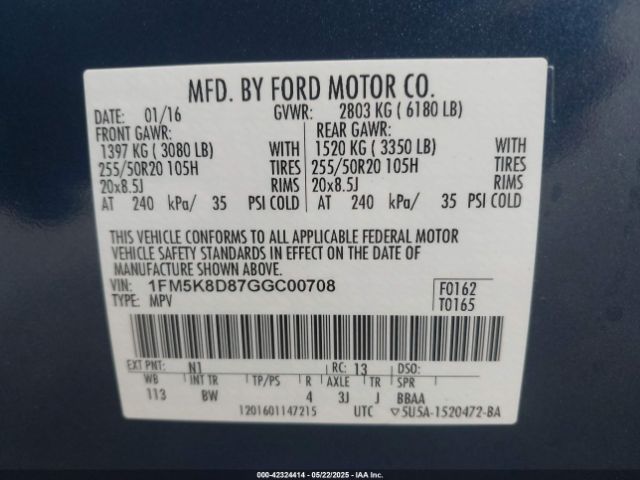 1FM5K8D87GGC00708 Ford EXPLORER XLT