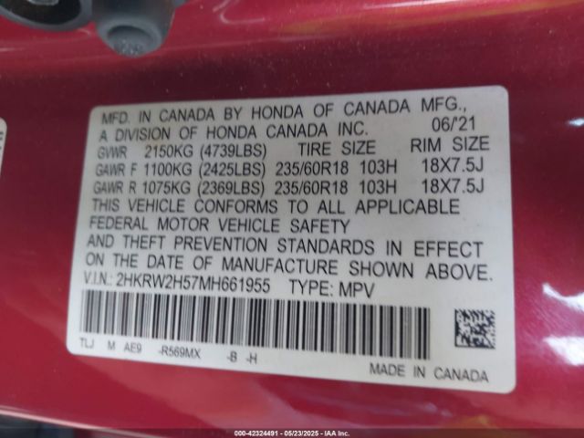 2HKRW2H57MH661955 Honda Cr-v Awd Ex