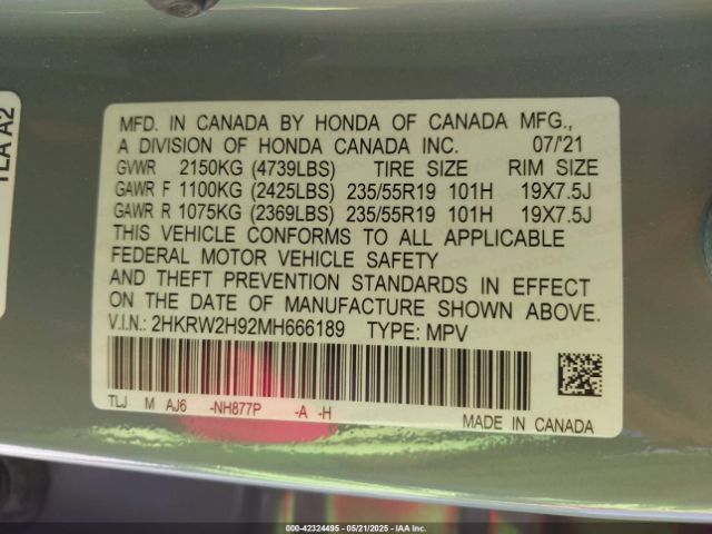 2HKRW2H92MH666189 Honda Cr-v Awd Touring