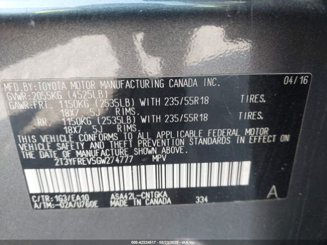 2T3YFREV5GW274777 Toyota Rav4 Limited
