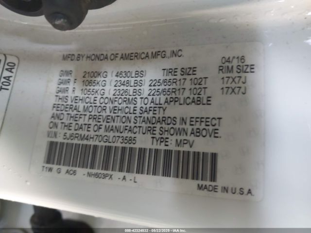 5J6RM4H70GL073585 Honda Cr-v Ex-l