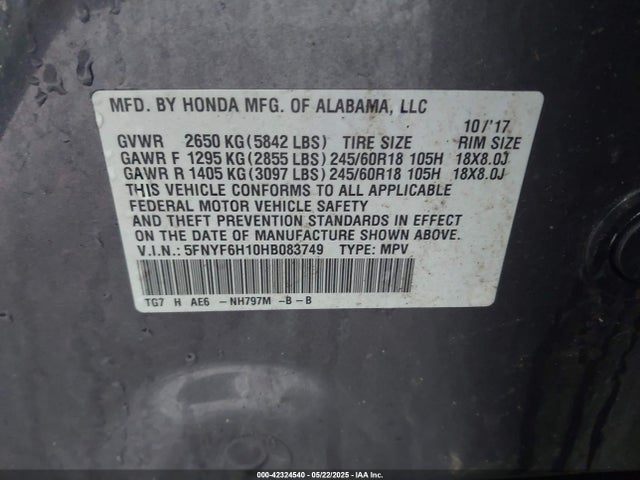 5FNYF6H10HB083749 Honda j35y6