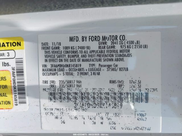 2019 FORD FUSION 3FA6P0HD0KR145819 Photo 8