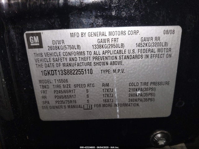 2008 Gmc Envoy Sle მანქანა იყიდება აუქციონზე, vin: 1GKDT13S882255110, აუქციონის ნომერი: 42324685