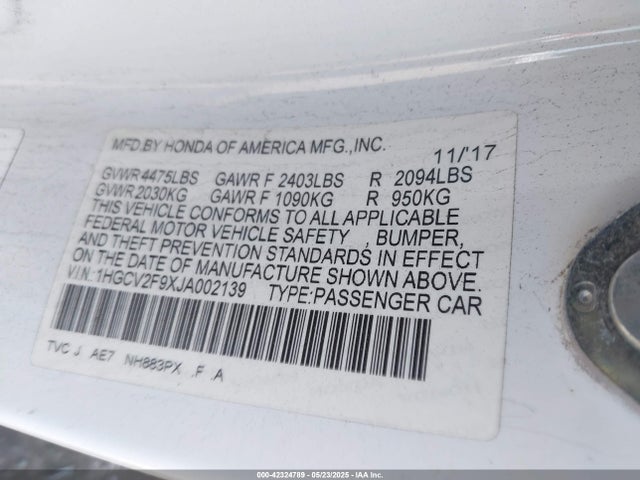 1HGCV2F9XJA002139 Honda k20c4