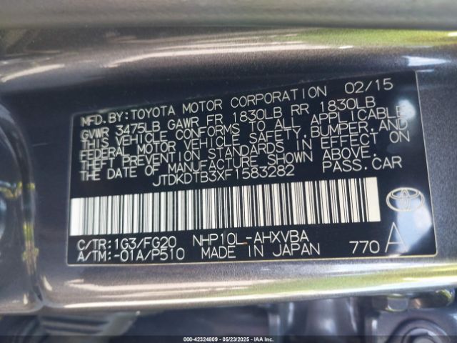 JTDKDTB3XF1583282 Toyota Prius C Two