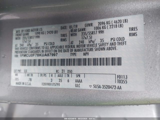 2019 FORD ESCAPE 1FMCU0F78KUA87997 Photo 8