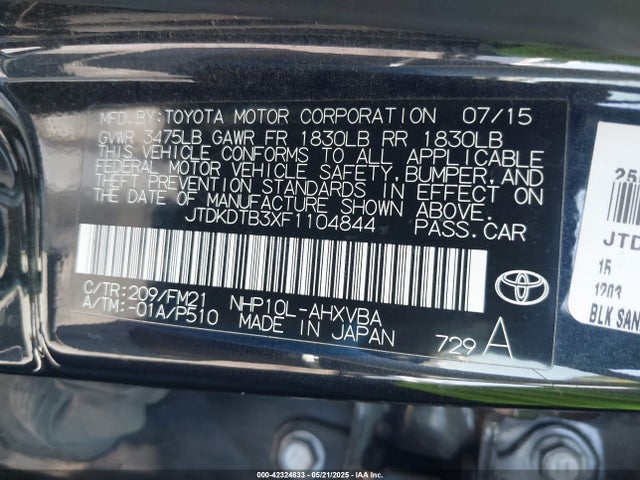 JTDKDTB3XF1104844 Toyota 1nz-fxe+1lm