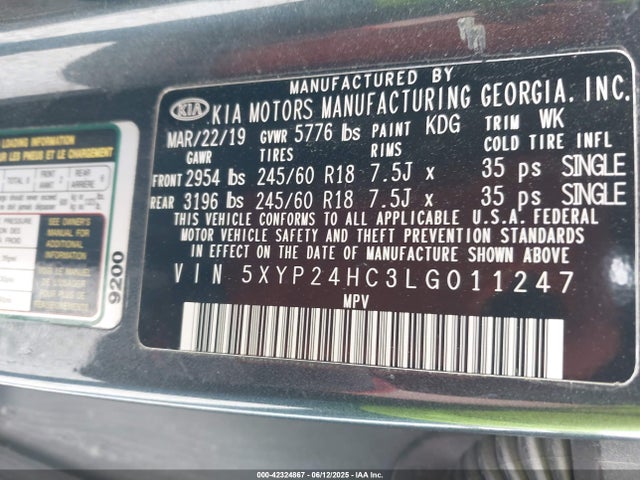 5XYP24HC3LG011247 KIA gdi lambda-ii