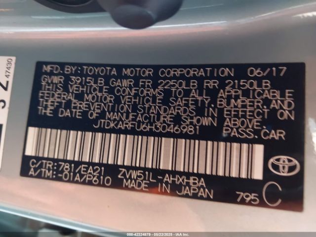 JTDKARFU6H3046981 Toyota Prius Four/four Touring/one/three/three Touring/two/two Eco