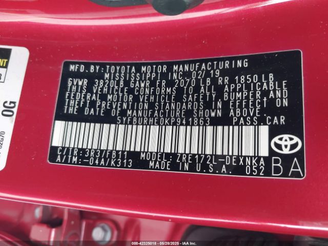 2019 TOYOTA COROLLA 5YFBURHE0KP941863 Photo 8