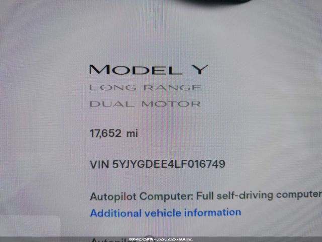 5YJYGDEE4LF016749 Tesla Model Y Long Range Dual Motor All-wheel Drive