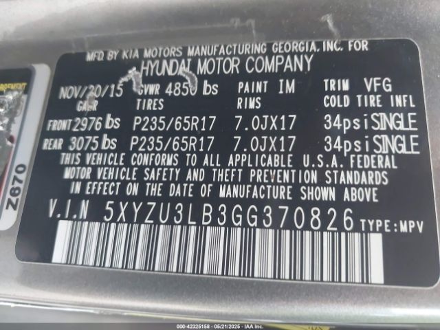 5XYZU3LB3GG370826 Hyundai Santa Fe Sport 2.4l