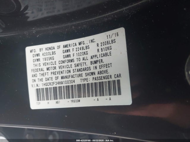 42325168 :رقم المزاد ، 1HGCR2F34HA100304 vin ، 2017 Honda Accord Lx مزاد بيع