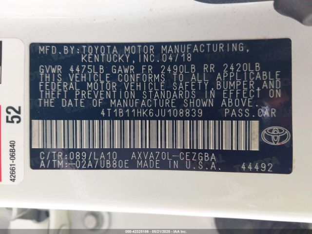 4T1B11HK6JU108839 Toyota CAMRY XLE