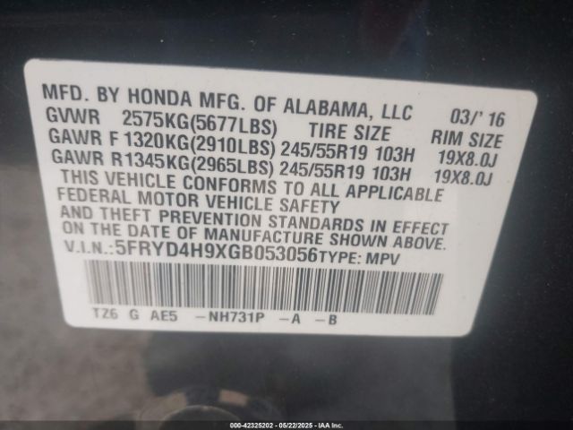 5FRYD4H9XGB053056 Acura Mdx Advance   Entertainment Packages/advance Package