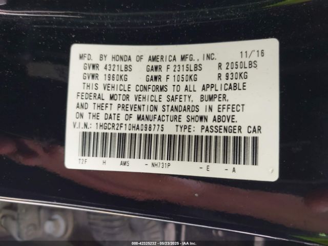 1HGCR2F10HA098775 Honda Accord Sport Se