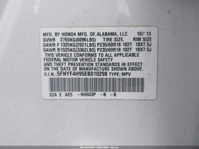 5FNYF4H95EB010298 Honda Pilot Touring