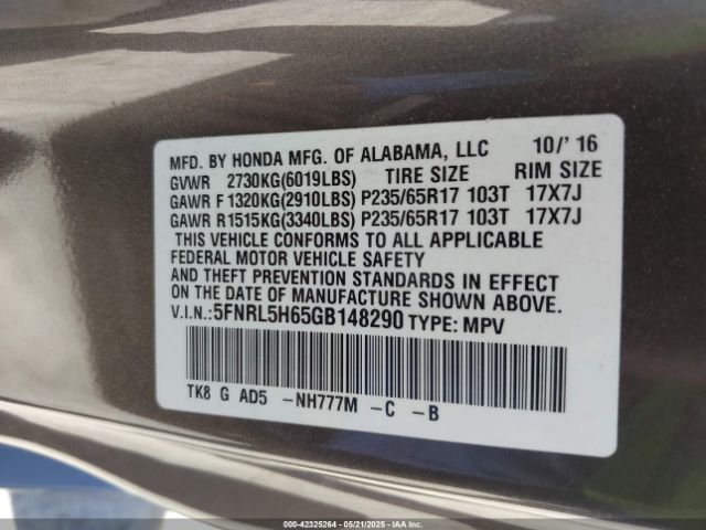 5FNRL5H65GB148290 Honda Odyssey Ex-l