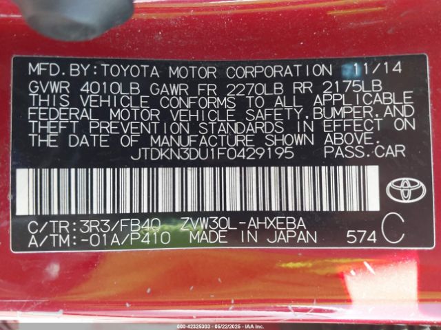 JTDKN3DU1F0429195 Toyota Prius Five/four/persona Series Special Edition/three/two