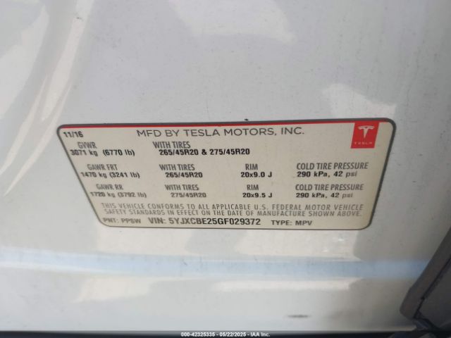 5YJXCBE25GF029372 Tesla Model X 60d/70d/75d/90d/p100d