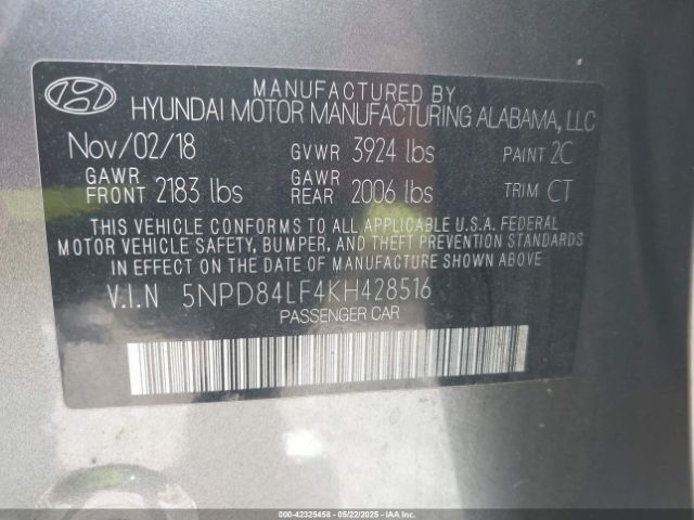 5NPD84LF4KH428516 Hyundai ELANTRA SEL