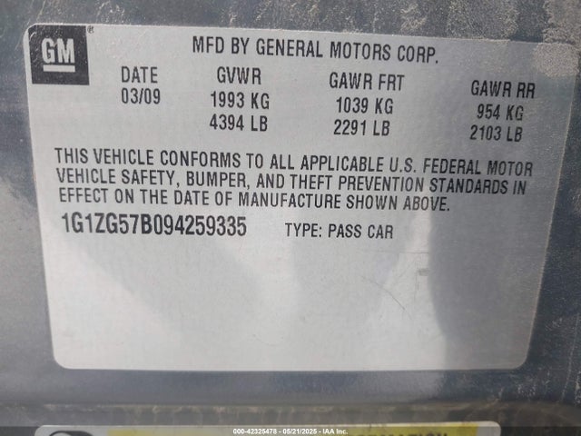 42325478 :رقم المزاد ، 1G1ZG57B094259335 vin ، 2009 Chevrolet Malibu Ls مزاد بيع