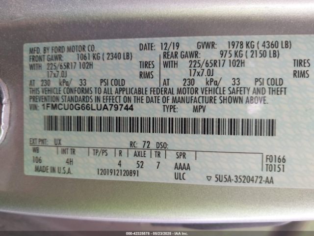 2020 FORD ESCAPE 1FMCU0G66LUA79744 Photo 8