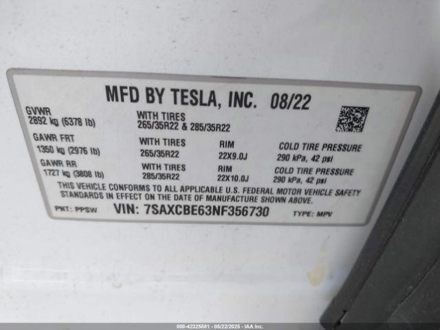 7SAXCBE63NF356730 Tesla Model X Plaid Tri Motor All-wheel Drive