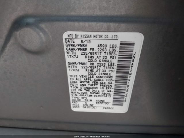 JN8AT2MT9LW002413 Nissan Rogue Sv Fwd
