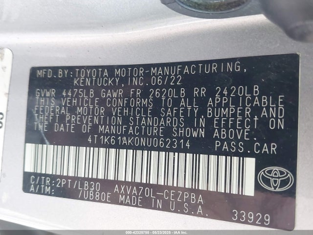 4T1K61AK0NU062314 Toyota a25a-fks