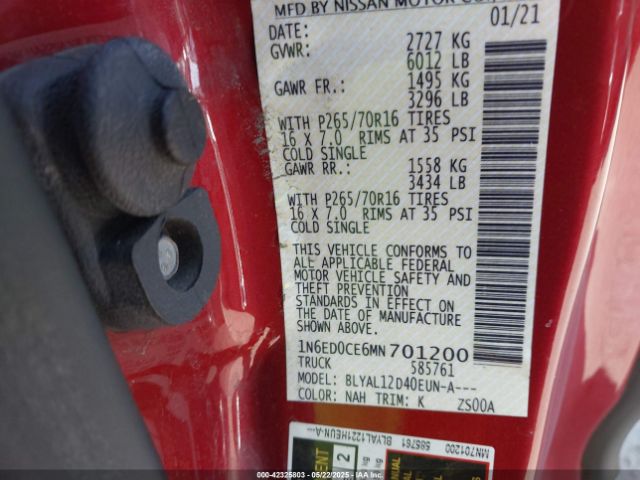 1N6ED0CE6MN701200 Nissan Frontier King Cab S 4x2
