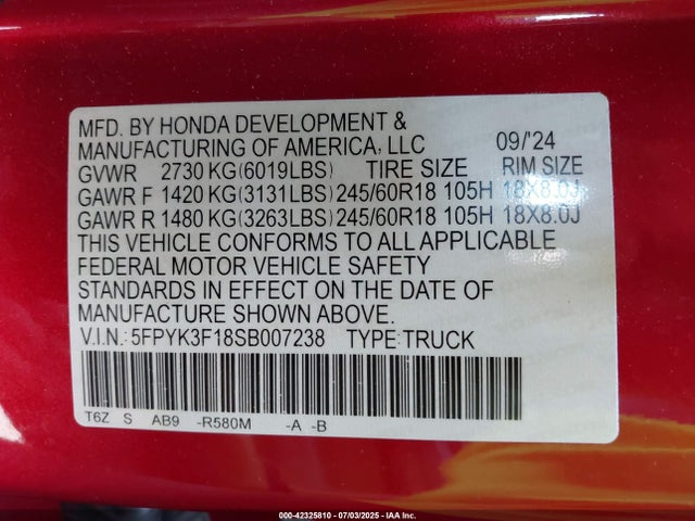 2025 Honda Ridgeline Sport მანქანა იყიდება აუქციონზე, vin: 5FPYK3F18SB007238, აუქციონის ნომერი: 42325810
