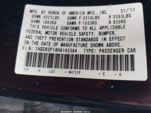 1HGCR2F19HA140084 Honda Accord Sport Se