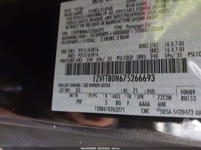 2007 FORD MUSTANG 1ZVFT80N675266693 Photo 8