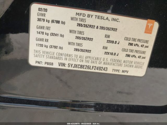 5YJXCBE26LF249243 Tesla Model X Long Range Dual Motor All-wheel Drive/long Range Plus Dual Motor All-wheel Drive