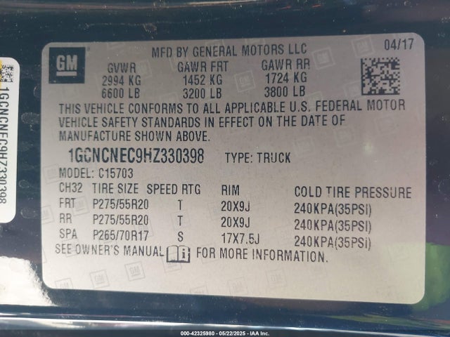1GCNCNEC9HZ330398 Chevrolet l83 - sidi: spark ignited direct injection, vvt: variable valve timing, afm, e85 max, alum