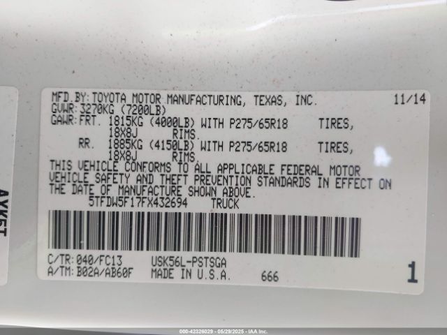 5TFDW5F17FX432694 Toyota Tundra Sr5 5.7l V8