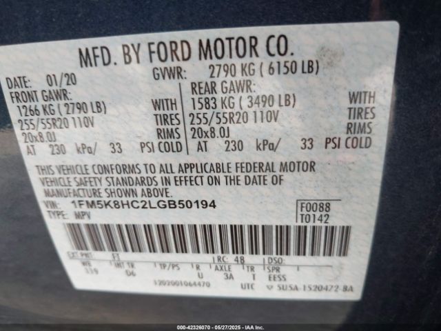 1FM5K8HC2LGB50194 Ford Explorer Platinum