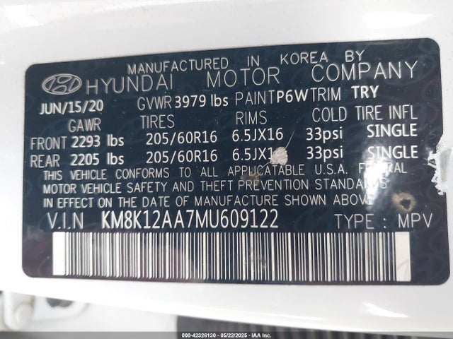KM8K12AA7MU609122 Hyundai mpi nu