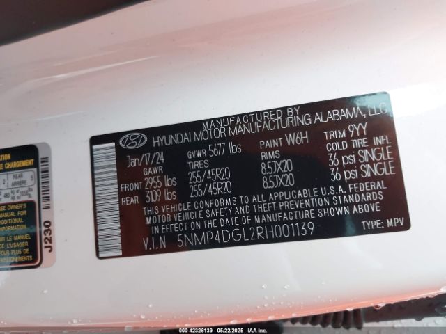 5NMP4DGL2RH001139 Hyundai Santa Fe Limited