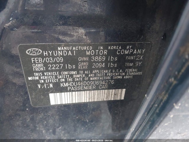 42326148 :رقم المزاد ، KMHDU46D09U694276 vin ، 2009 Hyundai Elantra Se مزاد بيع