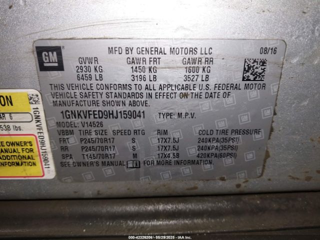 1GNKVFED9HJ159041 Chevrolet llt - sidi: spark ignited direct injection, alum, 60 degrees