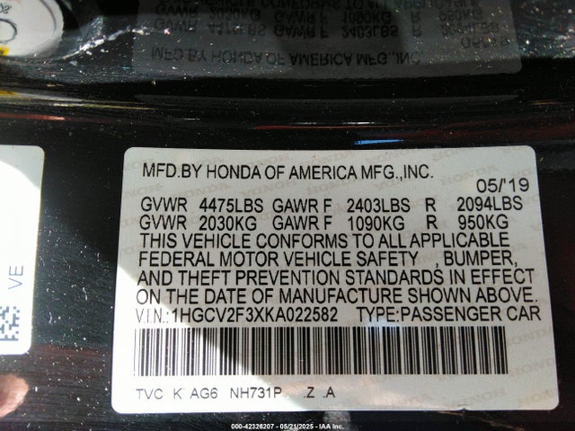 1HGCV2F3XKA022582 Honda Accord Sport 2.0t