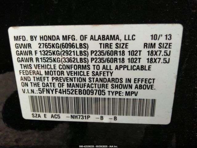 5FNYF4H52EB009705 Honda Pilot Ex-l