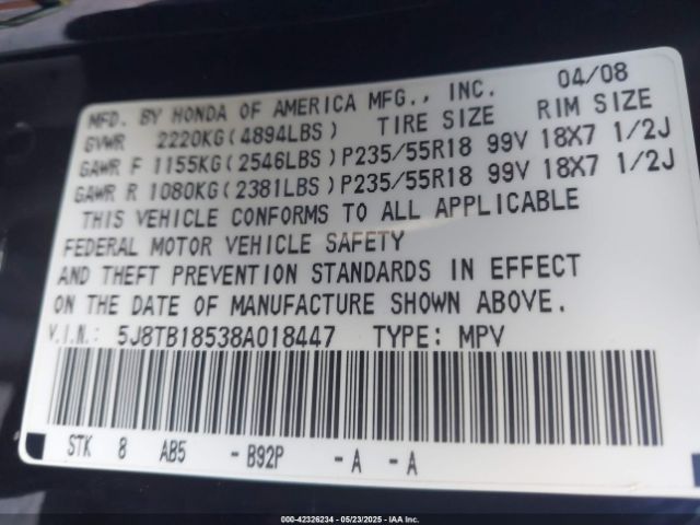 2008 ACURA RDX 5J8TB18538A018447 Photo 8